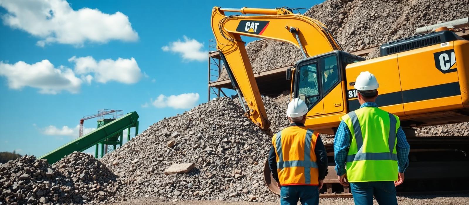 Excavator and conveyor at a construction waste recycling site